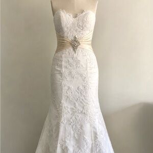 Simone Carvalli Strapless Lace Mermaid Wedding Dress with Champagne Sash